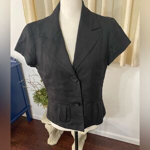 Lined Linen Blend Black Short Sleeve 2 Button Jacket with Pockets  Size Medium